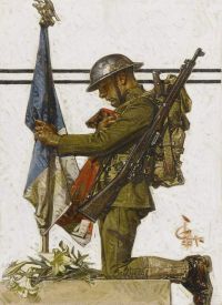 ライエンデッカー ジョセフ クリスチャン兵士がフランスの記念碑にひざまずく 1918