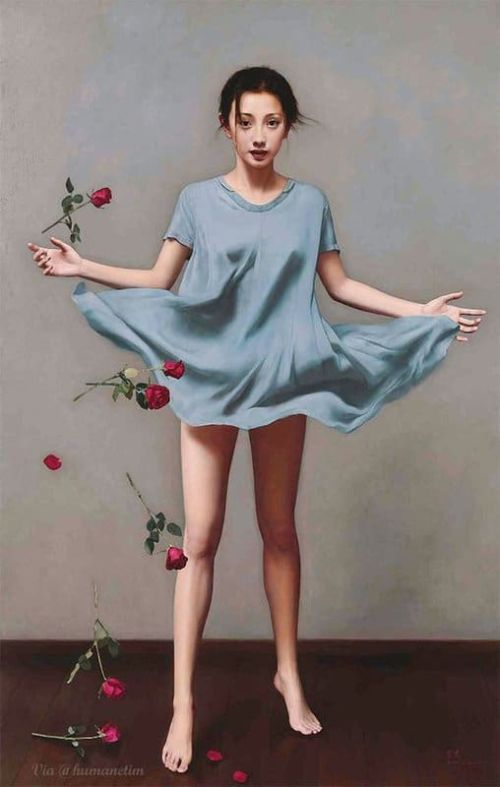 Li Guijun Young Woman With Roses canvas print