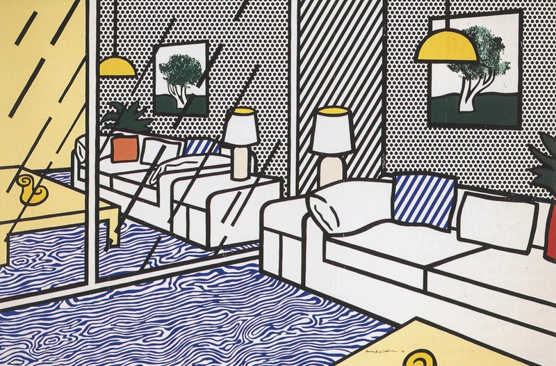 Tableaux sur toile, reproduction de Lichtenstein Wallpaper With Blue Floor Interior