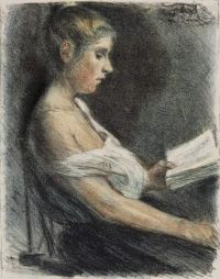 ليبرمان ماكس امرأة شابة تقرأ كتابًا عام 1896 بطباعة قماشية
