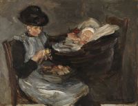 Liebermann Max Madchen Aus Laren Beim Kartoffelschalen Neben Schlafendem Kind Im Korb Ca. 1887 canvas print
