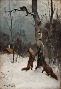 Liljefors Bruno Foxes And Cat Winter Landscape canvas print