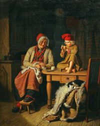 Lindegren Amalia A Rustic Interior With A Boy Threading A Needle
