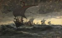 Locher Carl A Fleet Of Viking Ships At Sea