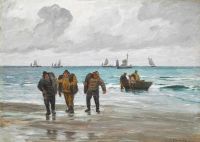 مشهد ساحلي من Locher Carl مع صيادين يسحبون القارب لأعلى على الشاطئ