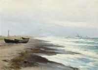 Locher Carl Küstenlandschaft von Skagen mit Booten am Strand 1886
