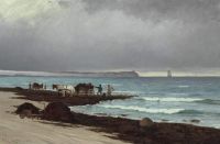 رجال Locher Carl يجمعون الأعشاب البحرية في شاطئ Hornb K 1882