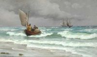 Locher Carl Männer in einem Fischerboot und einem dreimastigen Schiff vor der Küste von Skagen 1896