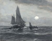 Locher Carl Seascape مع سفينة شراعية في ضوء القمر
