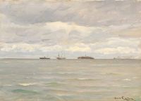 Locher Carl Seascape With Ships At A Small Island With A Lighthouse