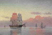 Locher Carl Sonnenaufgang über einem ruhigen Meer mit zahlreichen Segelschiffen
