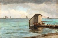 Locher Carl Blick von einem Strand im Hintergrund die Insel Hveen Dänemark 1892