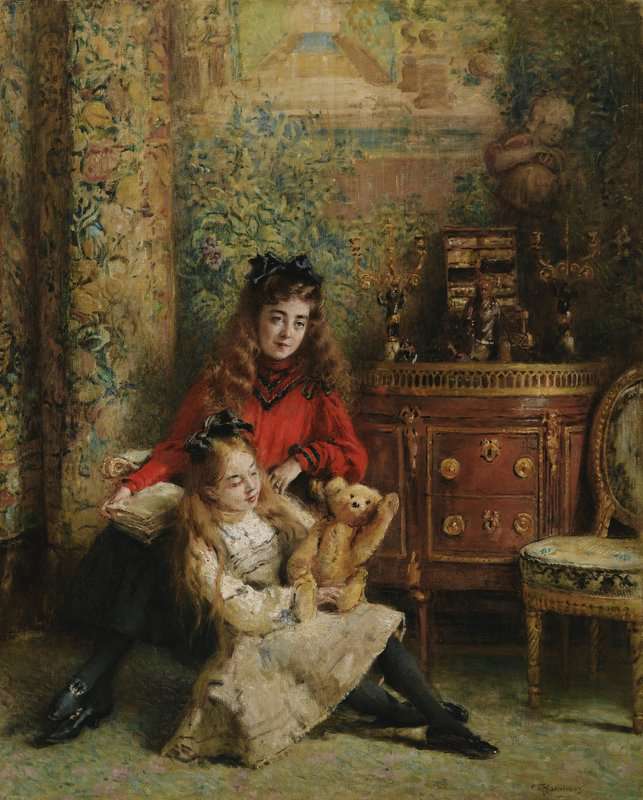 Luksh Makovskaya Elena Portrait Of The Artist S Daughters Olga And Marina With Teddy Bear canvas print