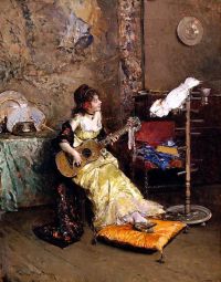 Madrazo Y Garreta Raimundo De Girl With A Guitar and Parrot كاليفورنيا 1872