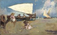 Mancini Antonio Kinder an einem sonnigen Strand Ca. Leinwanddruck von 1880