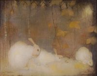 مانكس جان الأرانب البيضاء في غابة الخريف