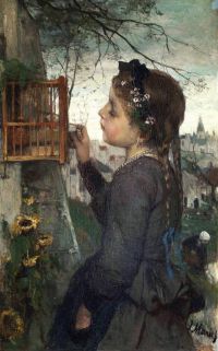Maris Jacob, ein Mädchen, das einen Vogel in einem Käfig füttert. 1867