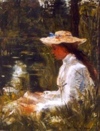 Maris Jacob, eine elegante Dame, die an einem Teich liest