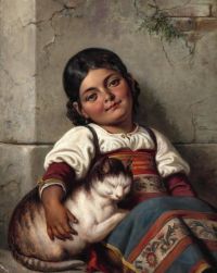 Marstrand Wilhelm Leinwanddruck Ein italienisches Mädchen und eine Katze