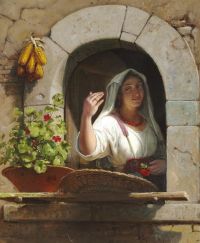 Marstrand Wilhelm Winkende italienische Frau in einem Fensterleinwanddruck