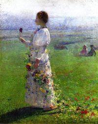 Martin Henri Schönes Mädchen, das mit einer Blume in der Hand durch die Felder geht, Leinwanddruck