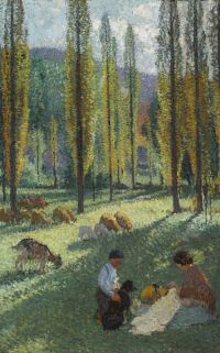 Martin Henri Bergere näht den Schatten von Pappeln auf einer Wiese mit einem Jungen und einem Hund um 1920