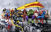 Marvel과 Dc Super Heros는 Skycraper 꼭대기에서 점심을 먹습니다.