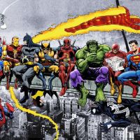 Almuerzo de Marvel y DC Super Heros en lo alto de un Skycrapper