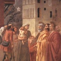 Masaccio St. Peter verdeelt de goederen van de gemeenschap en de dood van Ananias