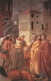Masaccio St Peter는 커뮤니티의 상품과 아나니아의 죽음을 배포합니다.