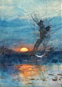 Maurice Hagemans Sonnenuntergang über dem Teich mit Störchen