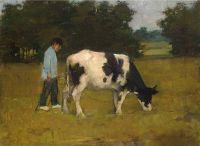 Malvenfarbener Anton ein Bauer mit seiner Kuh im Wiesen-Leinwanddruck