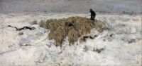 Mauve Anton Flock Of Sheep With Shepherd In Snow canvas print