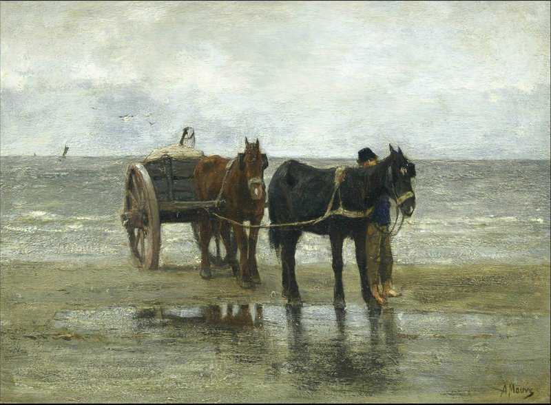 Mauve Anton Horses And Cart On A Beach canvas print