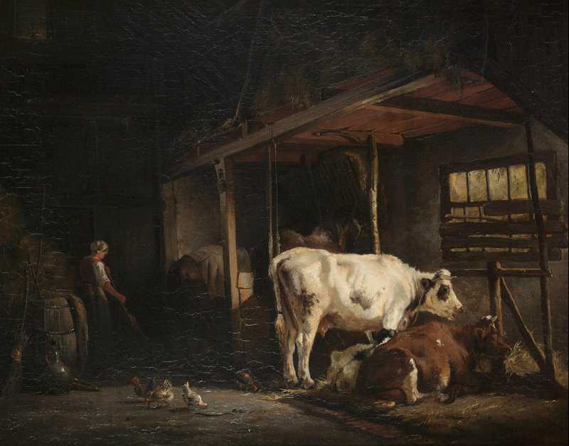 Mauve Anton Horses Cattle And A Farm Hand In A Stable Interior 1858 canvas print