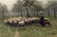 Malvenfarbener Anton Shepherdess With A Flock Of Sheep-Leinwanddruck