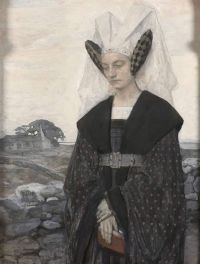 Maxence Edgar Frau in mittelalterlichen Kostümen meditierend an einer bretonischen Küste
