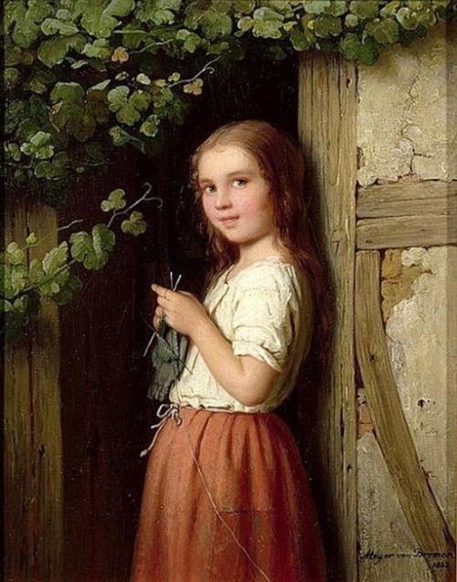 Meyer Von Bremen Johann Georg Young Girl Standing In A Doorway Knitting 1863 canvas print