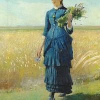 مايكل أنشر فتاة صغيرة ترتدي فستانًا أزرق اللون في حقل تحمل زهورًا برية في يدها