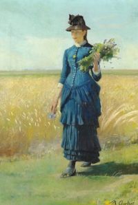 Michael Ancher Ein junges Mädchen in einem blauen Kleid auf einem Feld, das wilde Blumen in ihrer Hand hält