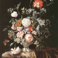 Michiel Louis A Still Life Of Roses Poppies Carnations Convovulus And Marigolds In A Silver Vase