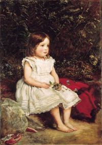 Millais John Everett Porträt von Eveline Lees als Kind, das in voller Länge an einer Bank sitzt und ein weißes Kleid trägt 1875