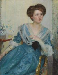 Miller Richard Edward Porträt einer Frau in einem blauen Kleid Ca. Leinwanddruck von 1909
