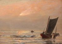 منظر بحري مسيحي مولستيد مع صيادين على قماش كتاني على الساحل عند غروب الشمس