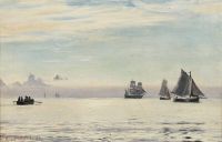 المناظر البحرية المسيحية المحروسة مع السفن الشراعية والقوارب على المحيط المتلألئ 1883