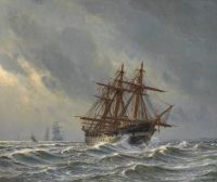 منظر بحري مسيحي متحجر مع سفن شراعية في المرساة أثناء عاصفة. في المقدمة لوحة قماشية فرقاطة دنماركية جيلاند