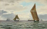 منظر بحري مسيحي مولستيد مع سفن شراعية وطباعة قماشية باخرة