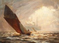 منظر بحري مسيحي مع سفينة عند غروب الشمس