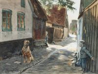 منظر مسيحي متحجر من دراجور مع أولاد يختبئون من كلب كبير 1893