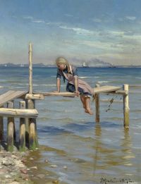 Monsted Peder Ein Mädchen auf einem kleinen Steg bei Helleb K. Im Hintergrund Schweden 1892